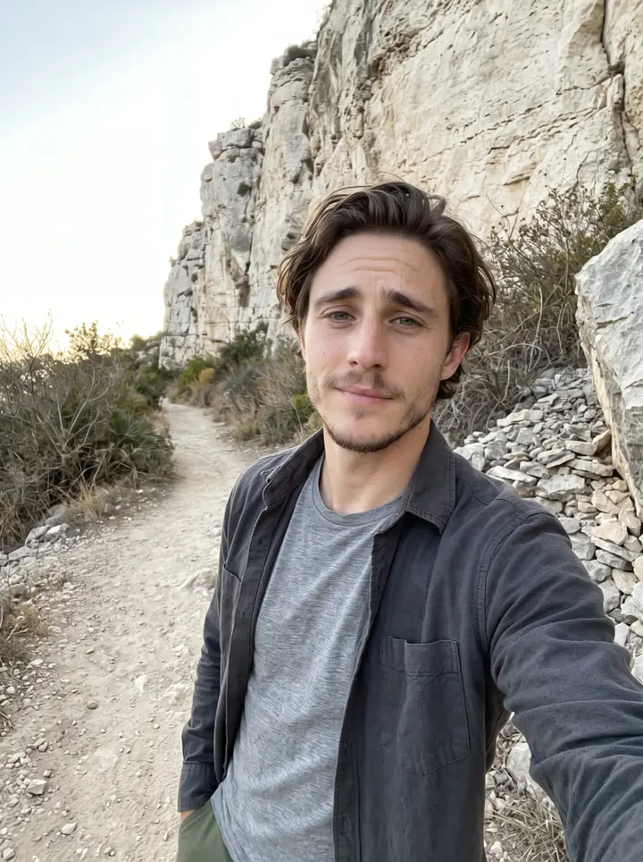 Yannick, AI character: at the foot of a pale limestone cliff above the Verdon gorge, dry scrub and a dusty path behind him