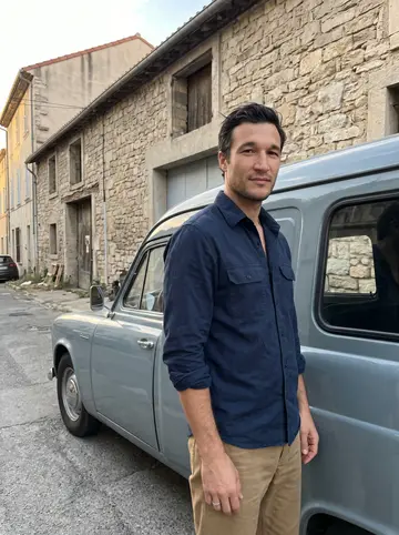 Hicham, AI character: a quiet side street near the Marseille stone warehouse, beside his restored 1962 Citroën HY van with the…