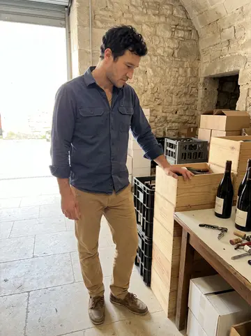 Hicham, AI character: inside his stone wine warehouse in Marseille, between stacked wooden crates and a tasting table