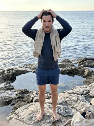 Hicham, AI character: flat rocks at Malmousque after a dawn swim, winter sun low over the Mediterranean