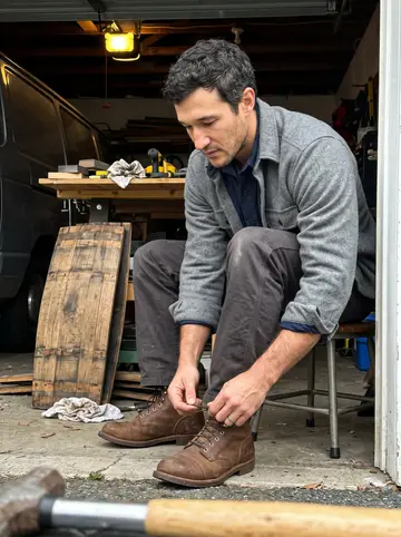 Hicham, AI character: the shared garage where he restores the Citroën HY van, tools on a bench and an old oak barrel stave…