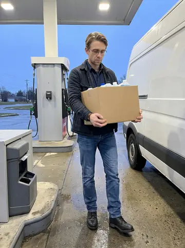 Jules, AI character: gas station forecourt near the pumps before dawn, wet concrete and parked delivery van behind him