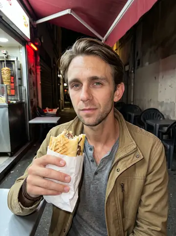 Jules, AI character: late-night kebab counter near Part-Dieu after his shift, narrow sidewalk tables and dark street behind him