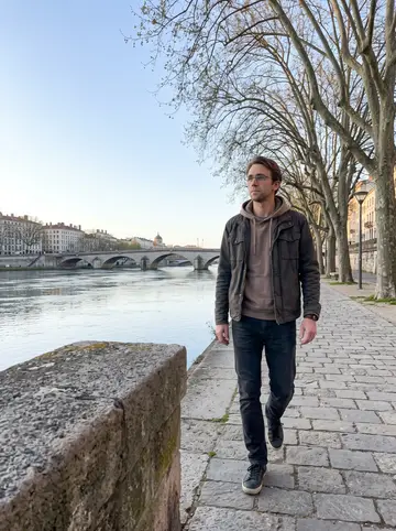 Jules, AI character: stone path along the Rhône at 5 a