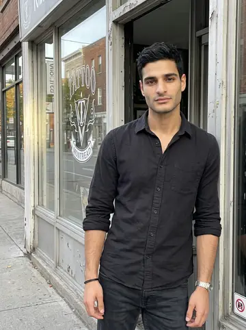 Ahmed, AI character: outside the tattoo shop in Montreal during a short break, standing in the doorway with the street behind him
