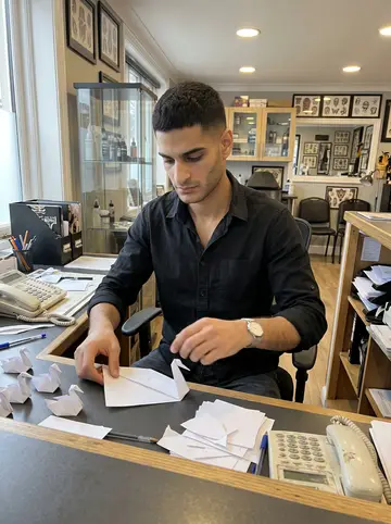 Ahmed, AI character: front desk of the tattoo shop before appointments start, appointment counter, clean paper stacks, small…
