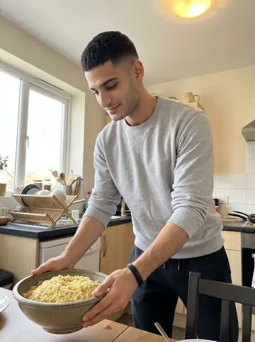 Ahmed, AI character: friend's apartment kitchen in Montreal while he carries a big bowl of couscous to the table