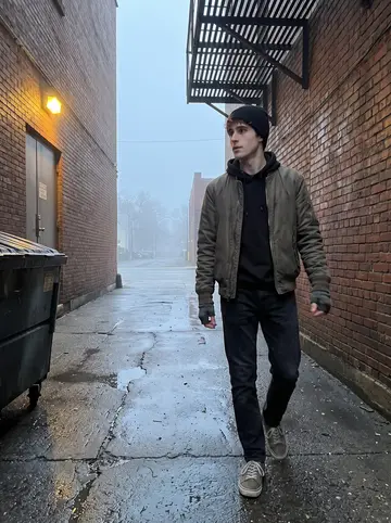 Graeme, AI character: a quiet alley at dawn below a fire escape, damp brick walls and empty dumpsters, early fog softening the…