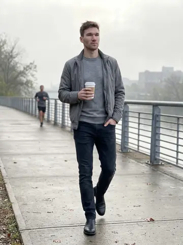 Dermot, AI character: Schuylkill River trail at dawn, damp path and railing near the water