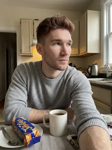 Dermot, AI character: his small rowhouse kitchen table in South Philadelphia on a Sunday morning, mug of strong tea and a packet…