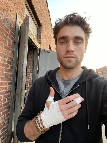 Eoghan, AI character: outside a church restoration site in Chicago, standing beside a partly repaired limestone wall and a…