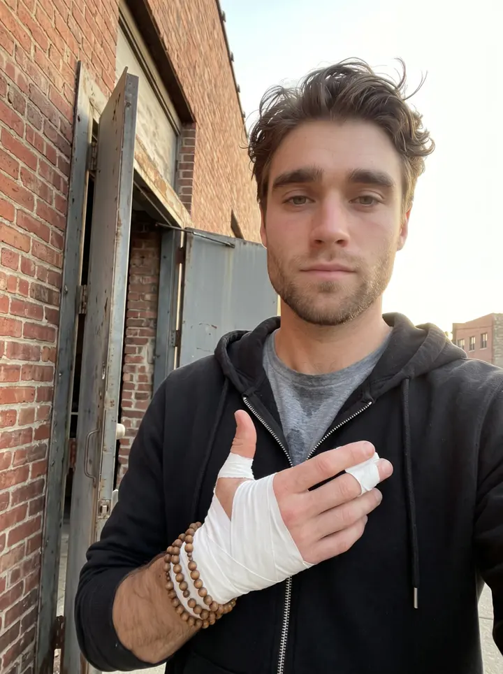 Eoghan, AI character: outside a church restoration site in Chicago, standing beside a partly repaired limestone wall and a…