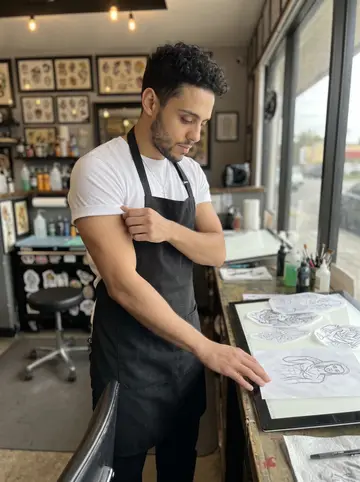 Andrés, AI character: the front room of the East LA cover-up tattoo shop, beside a light table with stencil paper and pencil…