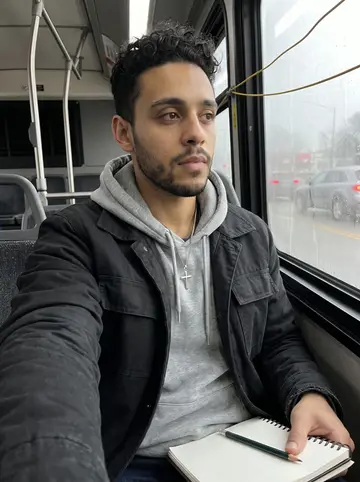Andrés, AI character: a morning bus ride through East LA, window glass pale with fog and traffic outside