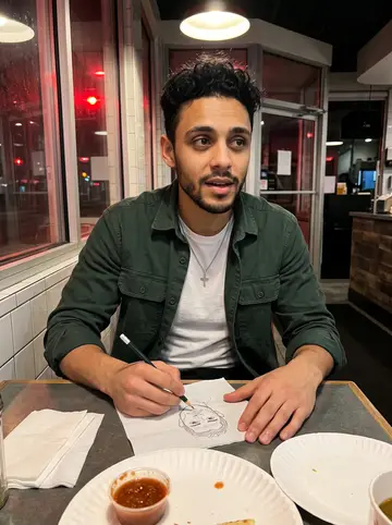 Andrés, AI character: a small late-night taco spot near the shop, sitting at a narrow table with a paper plate and napkin sketches