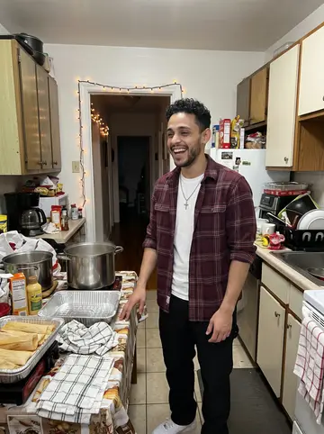 Andrés, AI character: his mother's apartment kitchen during a holiday tamales night, cousins cropped at the edges and a crowded…
