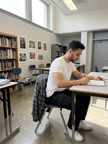 Andrés, AI character: a community-college art history classroom after class, phone propped on a bookshelf beside a desk with…