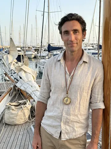 Paco, AI character: on the deck of the wooden ketch Marisol at her berth in a Gibraltar marina, racing sails flaked behind…