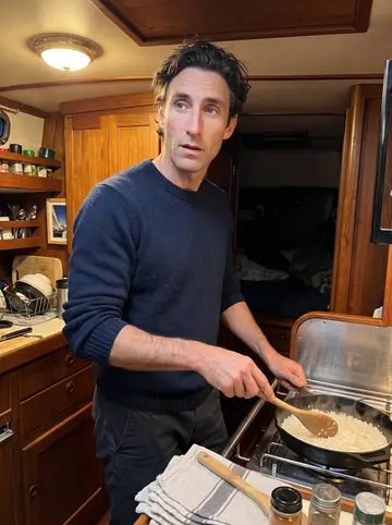 Paco, AI character: the galley of the ketch Marisol at night, a gimballed gas stove with a cast-iron pan of rice, wooden…