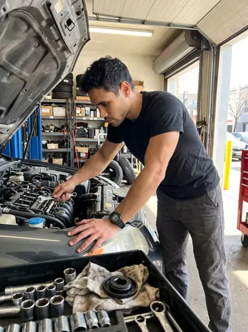 Menelaos, AI character: inside the Long Island City auto shop, beside a raised Fiat with tools laid out on a rolling cart
