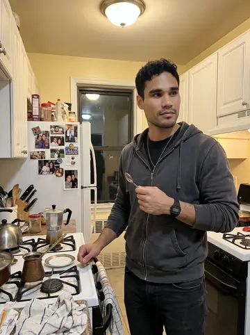Menelaos, AI character: his grandmother's small Astoria kitchen, a moka pot and a briki on the stove, family photos on the fridge…