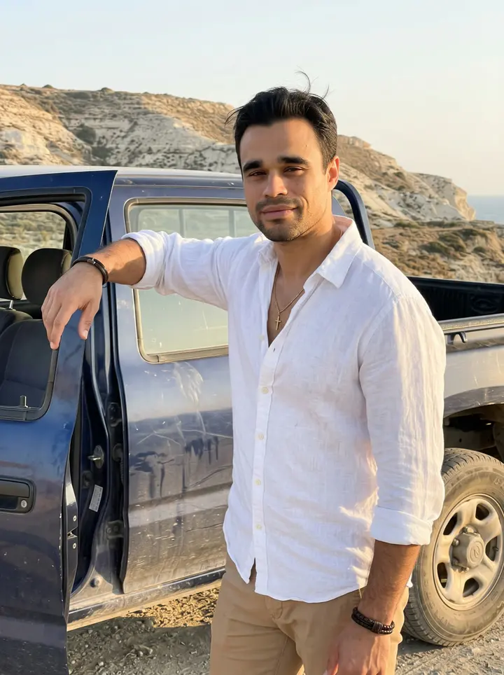Savvas, AI character: a quiet road above Larnaca at golden hour, beside his dusty dark-blue pickup after a sunrise run to a…