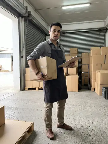Savvas, AI character: the back aisle of the wine warehouse in Larnaca, pallets of plain cardboard wine boxes stacked by the…