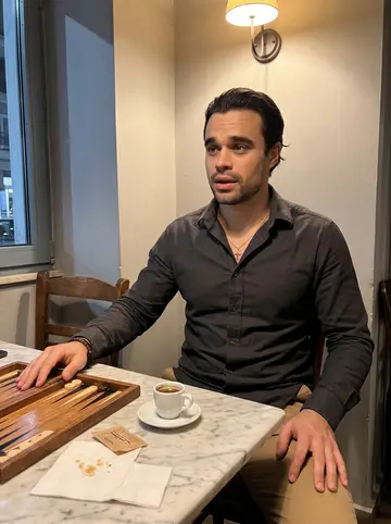 Savvas, AI character: the corner kafeneio near his street, seated at a small marble table with a tavli board and tiny coffee cups
