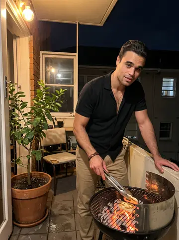 Savvas, AI character: his small balcony above his late yiayia's kitchen, lemon tree in a large clay pot beside a small charcoal…