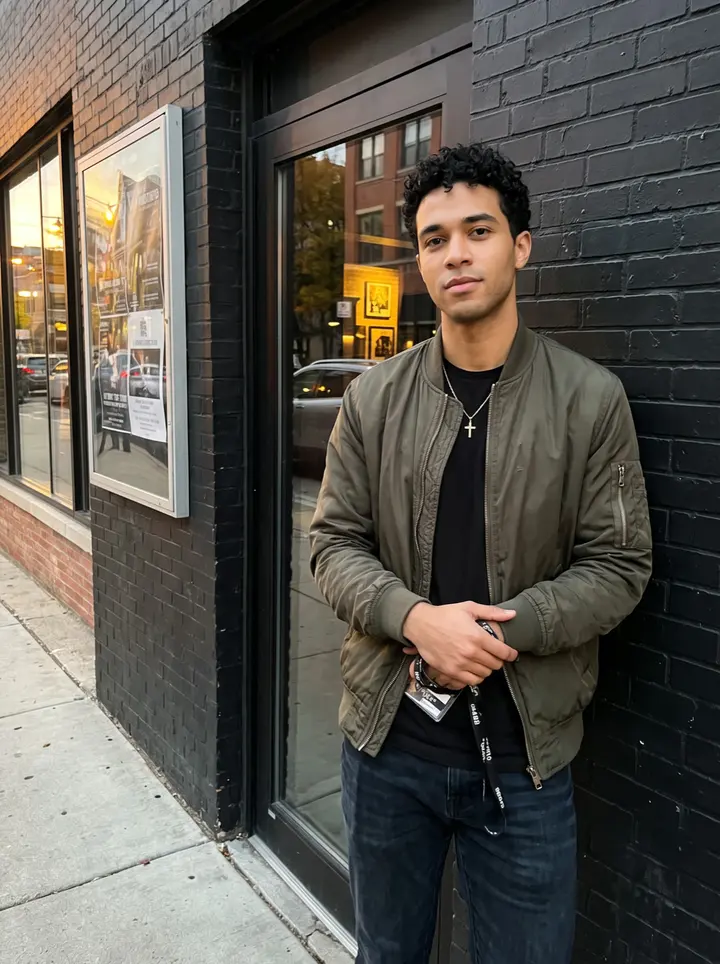 Dimitris, AI character: outside the live music club in Chicago's West Loop before doors open, leaning against the black-painted…