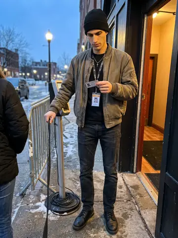 Dimitris, AI character: the club entrance on a cold blue evening, with the rope line, ticket scanner stand and metal barricades…