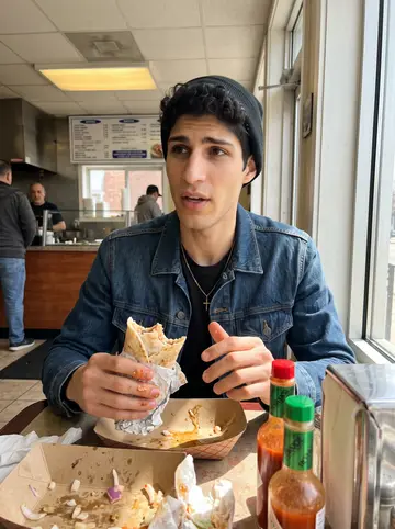 Dimitris, AI character: a small Greektown souvlaki counter by the front window, paper trays and hot sauce bottles on the table