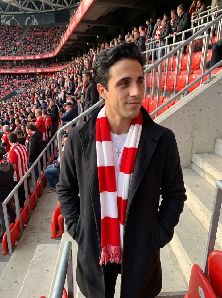 Íñigo, AI character: upper stands at San Mamés before an Athletic match, red-and-white crowd behind him but readable as background