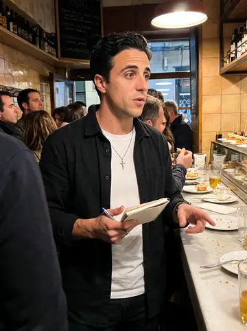 Íñigo, AI character: crowded pintxos bar in Casco Viejo, plates on the counter and warm wall tiles behind him