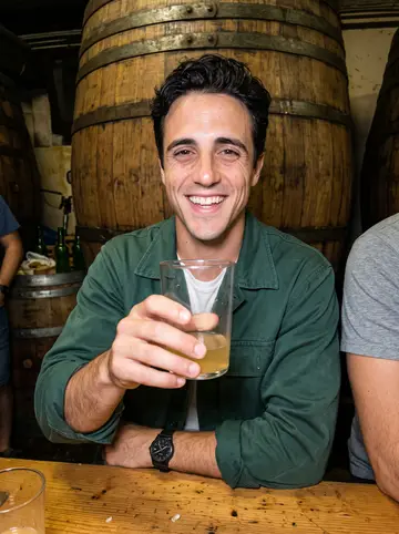 Íñigo, AI character: Astigarraga cider house back room after closing, wooden barrels and friends cropped around him