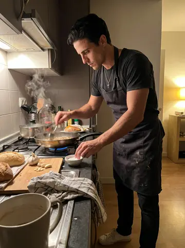 Íñigo, AI character: his small Bilbao apartment kitchen after midnight, two-burner stove, cheap pans, garlic and bread on the…