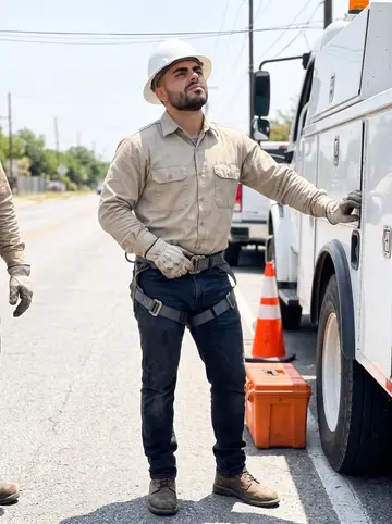 Santi, AI character: a West Side San Antonio street beside a city utility bucket truck, cones on the asphalt
