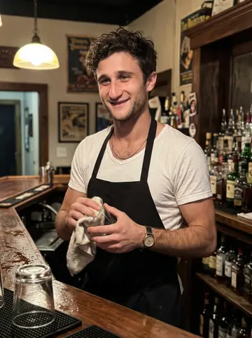 Crosby, AI character: inside the Low Tide, a Bywater dive bar, before opening: twelve stools, a jukebox, a back-bar with…