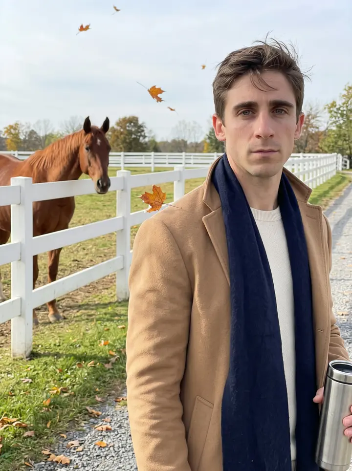 Rhys, AI character: the white paddock fence at a friend's horse yard outside Lexington, a bay thoroughbred leaning its head…