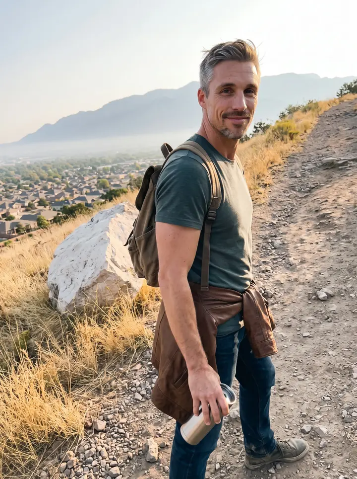 Clint, AI character: a dirt trail in the Sandia foothills above Albuquerque, dry golden grass and pale boulders, the city hazy…