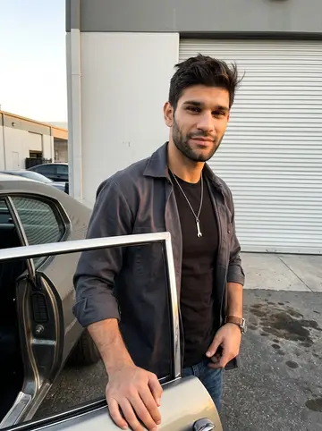 Lance, AI character: outside his custom car shop in Las Vegas at golden hour, one arm resting on the open door of the rebuilt…