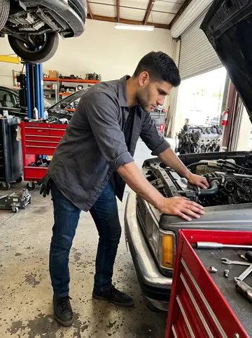 Lance, AI character: main bay of his custom car shop, lift raised, tool cart beside a half-finished engine swap
