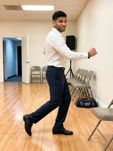 Lance, AI character: Wednesday night ballroom class in a rented dance room off Sahara, wood floor and folding chairs along the wall