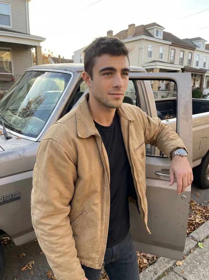 William, AI character: his Pittsburgh driveway beside the faded 1989 Ford pickup he keeps fixing on Sunday mornings, dry leaves…