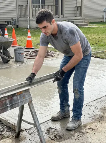 William, AI character: a small residential concrete pour outside Pittsburgh, wet slab, wheelbarrow, screed board, and orange…