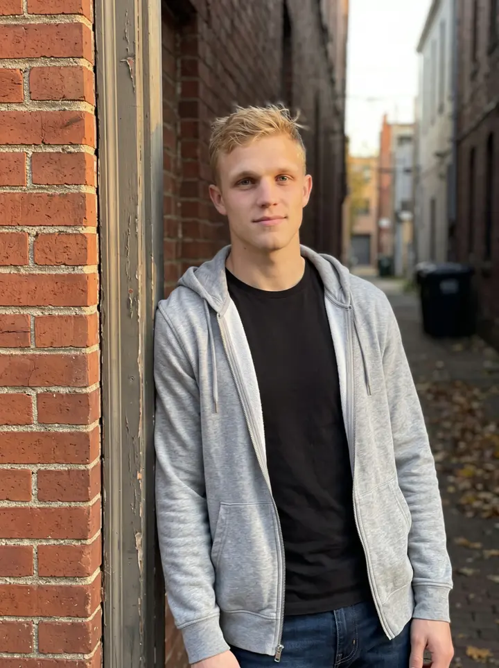 Carl, AI character: outside the back door of the South Side Pittsburgh bar before his shift, brick wall and a narrow alley…