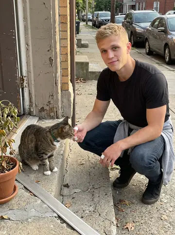 Carl, AI character: front stoop of his apartment building in Pittsburgh, cracked concrete steps and a potted plant by the door
