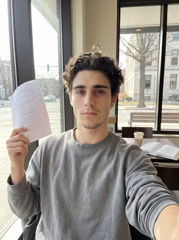 Chase, AI character: the window table of a campus coffee shop in winter, econ textbook and a highlighted printout of his thesis