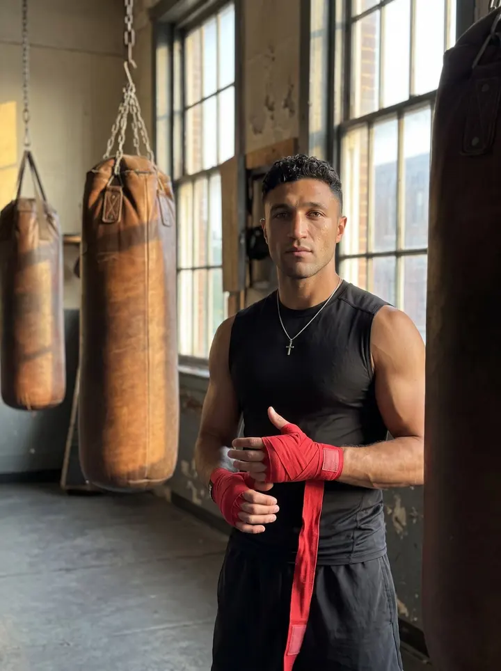 Kane, AI character: a dim rec-center boxing gym in East Baltimore, heavy bags hanging, tall dusty windows behind him