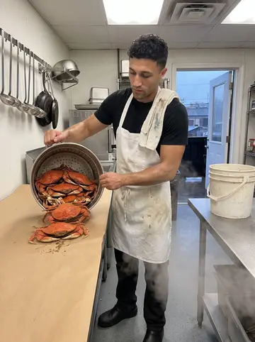Kane, AI character: the back kitchen of a Fells Point crab house, steel steamers hissing, a mountain of red crabs on brown paper